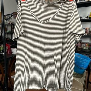 American Eagle Outfitters Olive Green and White Striped V-Neck Tee